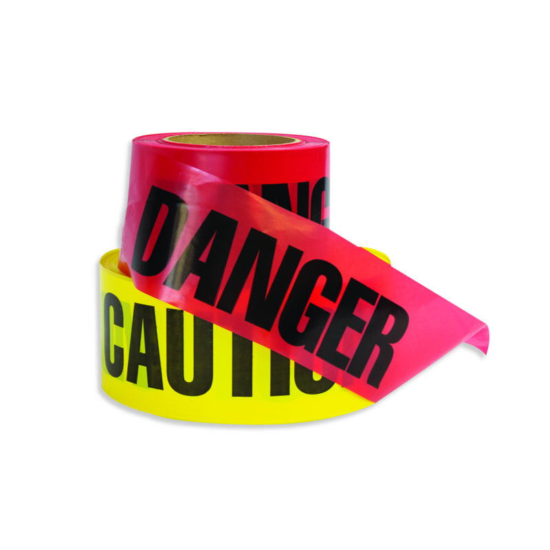 danger and caution barricade tape in rolls of red and yellow.